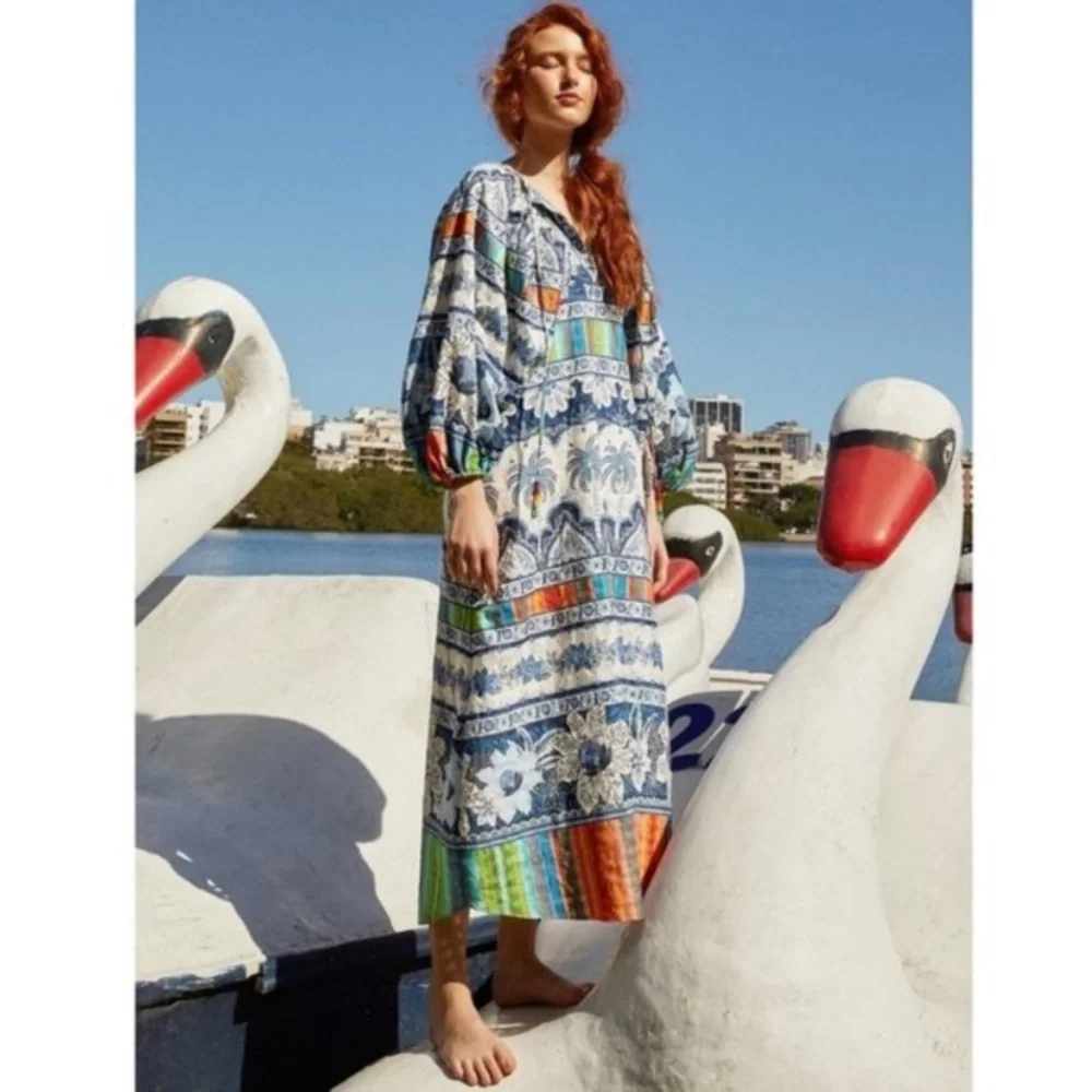 FARM RIO BLUE PALMS BALLOON SLEEVE DRESS SIZE MEDIUM NEW with TAGS - Picture 1 of 16